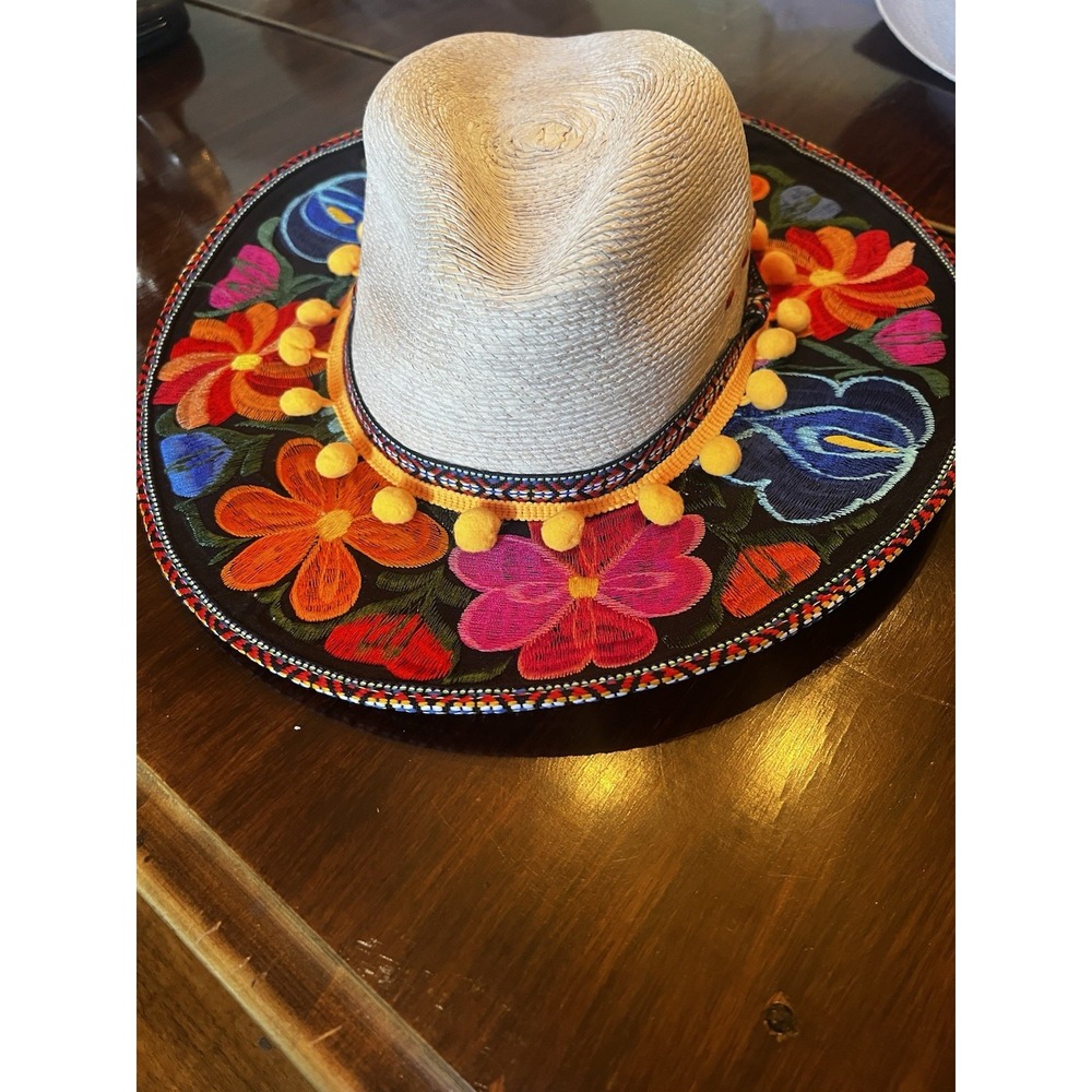 Palma Fedora Style Embroidered Floral Brim Hat Made in Mexico Medium Pom‎ Poms
